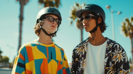 Two young men wearing helmets and sunglasses standing in front of palm trees under a clear blue sky.