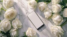 A Big Bouquet Of White Roses Arranged Elegantly On A Wooden Table Next To A Smartphone. Ensure There's Plenty Of Empty Space Around For Adding Text Or Graphics.