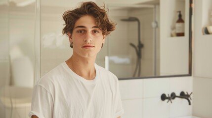 Wall Mural - Young man with curly hair wearing a white t-shirt standing in a modern bathroom with a glass shower and white tiled walls.