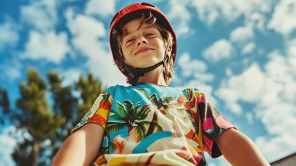 Wall Mural - A young boy wearing a red helmet smiling and looking up at the sky with a colorful tropical-themed shirt.