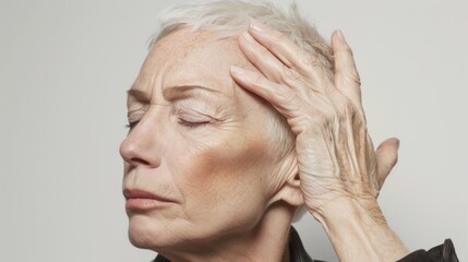 Wall Mural - An elderly woman with closed eyes resting her hand on her forehead conveying a sense of contemplation or tiredness.