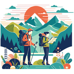  illustration of man and woman hiking together, vector