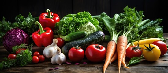 Canvas Print - A variety of freshly harvested vegetables, including tomatoes, cucumbers, bell peppers, carrots, and lettuce, are arranged on a rustic wooden table. The vibrant colors and textures create an inviting