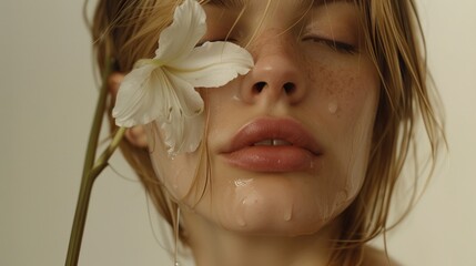 Wall Mural - A close-up of a woman's face with closed eyes a single white lily petal resting on her eyelid and droplets of water on her skin creating a serene and ethereal atmosphere.