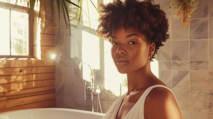 Poster - A woman with curly hair wearing a white top standing in a bathroom with a marble wall and a wooden panel looking directly at the camera.