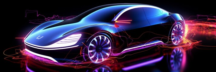 Poster - afuturistic black electric car with holographic wireframe digital technology backdrop