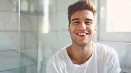 Poster - Young man with a radiant smile standing in a modern bathroom with a glass shower door and a window wearing a white t-shirt.