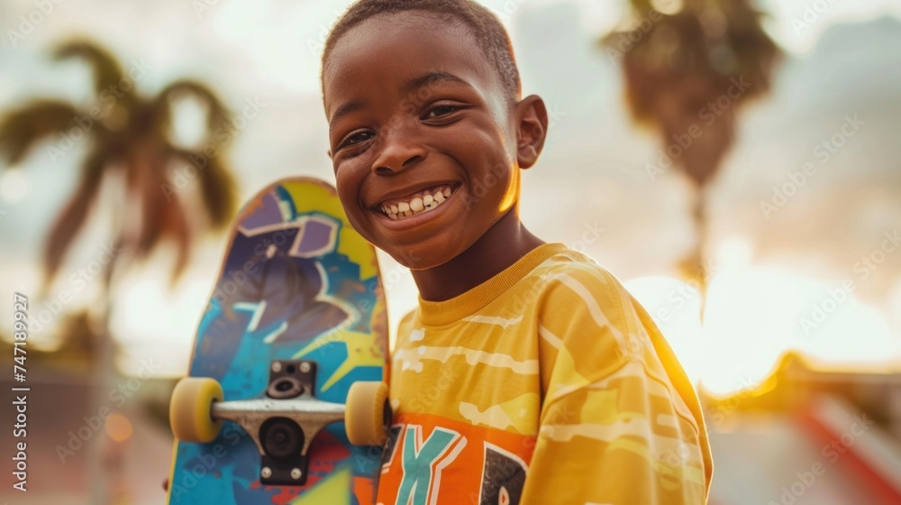 Young boy with a radiant smile holding a vibrant skateboard standing in ...