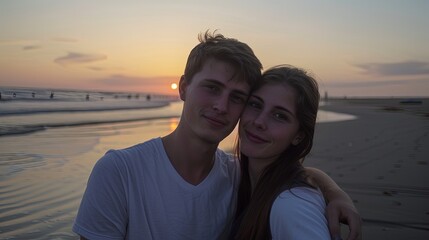 Wall Mural - Boy and girl standing on a beach at sunset taking selfie