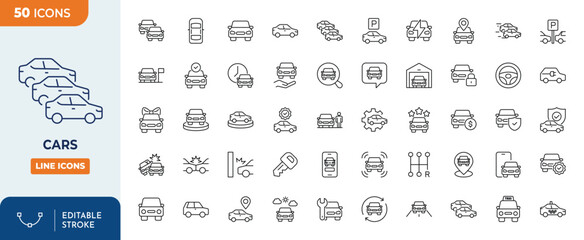 Cars, Vehicle and Automobile Line Editable Icon set