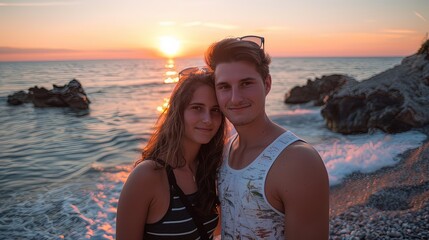 Wall Mural - Boy and girl standing on a beach at sunset taking selfie