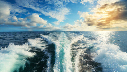 Wall Mural - Close-up of the water wake of a speedboat or ship, view from the stern of the boat, sea view with blue sky and clouds on the horizon. Generative Ai.