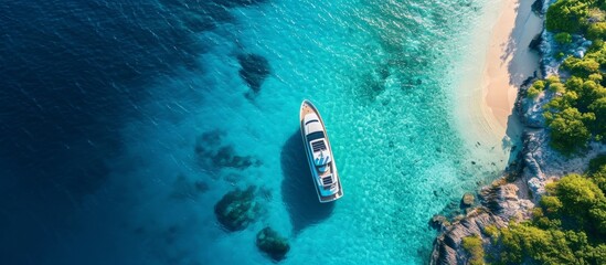 Wall Mural - An aerial view of a boat in the azure waters near a beach, with underwater marine life such as fish and reefs visible. A perfect spot for recreation and marine biology exploration.