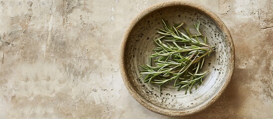 Wall Mural - A wooden bowl containing a circle of terrestrial plant twigs and leaves, specifically rosemary, sits on a table