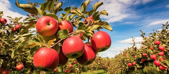 Canvas Print - A tree overflowing with bright red apples stands beneath a clear blue sky, showcasing a bountiful harvest in a picturesque orchard setting. The apples are ready for picking, making for a stunning