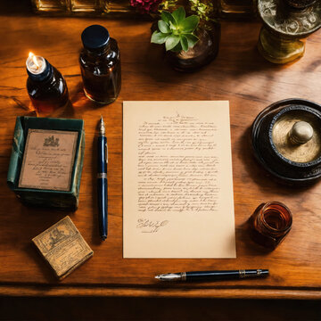 Writer's desk with handwritten page, candle and plant.
