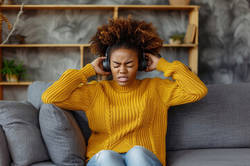 Wall Mural - Dissatisfied and angry young African American woman sitting on sofa at home and covering ears from excessive noise