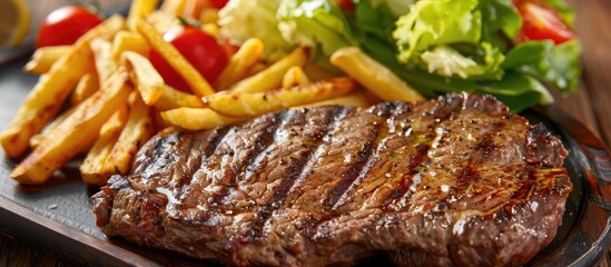 Sticker - A plate showcasing a juicy steak sizzling on the grill, accompanied by golden-brown french fries, and a fresh side salad. The perfect trio for a hearty and satisfying meal.