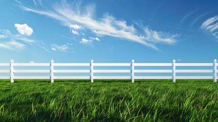 White fence and green grass garden on spring landscape.