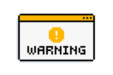 Warning - retro message window in 8-bit style. Vintage video game style sign caution message. 1990s technology notice interface message. Geek style. Simple pixel graphics window with Warning text 