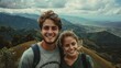 Portrait of young happy couple tourists on a mountain