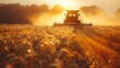 © Sodapeaw - A combine harvester is seen cutting wheat during the golden hour of sunset, with dust rising in the warm light on the farm.
