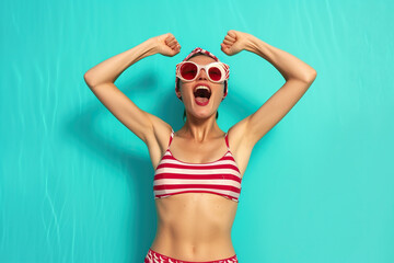 Photo woman fist up scream yes swimmer ocean distance win wear red striped set shorts isolated vivid color background