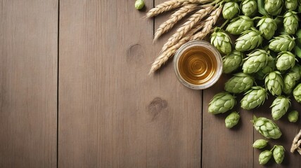 Wall Mural - Organic Styled Wheat And Green Hops On A Wooden Backdrop