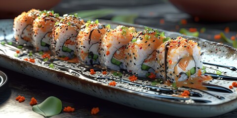 Wall Mural - A set of sushi and rolls on a flat plate, Asian cuisine, restaurant, tuna, salmon, assortment of sushi, background.