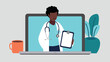Vektor-Illustration einer weiblichen Ärztin mit einem Stethoskop, die eine medizinische Aufzeichnung hält auf einem Laptop-Bildschirm - Gesundheit Konzept