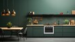  Dark green wall mock up kitchen room and minimalist interior design