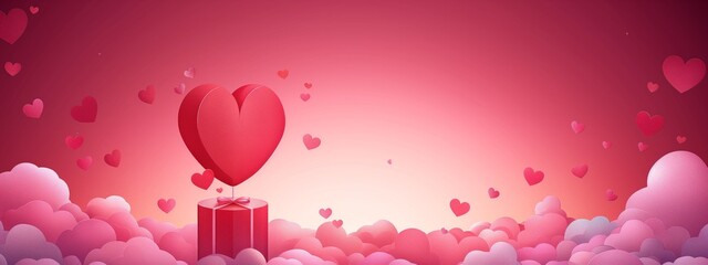 Wall Mural - Valentine's day background with a pink heart with floating paper paper hearts on purple sky, charming character illustrations, vibrant stage backdrop, red and pink, isometric, circular shapes.