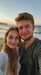 Wall Mural - Man and woman couple taking vertical selfie on a beach