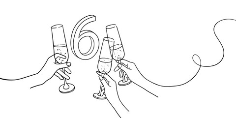 Wall Mural - Continuous line champagne cheers one line art, number 6 with glasses continuous drawing contour. Cheers toast festive decoration for holidays. Vector illustration	