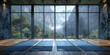 yoga room with minimal architecture of beautiful mountains and sunlight, A yoga mat placed on the floor of an empty yoga class 