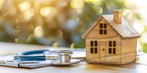 Canvas Print - Wooden house with stethoscope on table with blur copy space, home care 