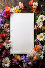 Elegant Floral Arrangement Surrounding Blank Frame. Generative AI Image