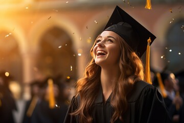 Wall Mural - Happy and excited portrait of young student girl in hat of graduation light yellow background