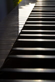 Fototapeta Na drzwi - Classic grand piano keyboard background. Piano keys side view with shallow depth of field, Copy space, Selective focus.