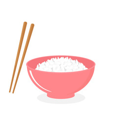 Poster - Pink rice bowl with wooden chopsticks on white background vector.