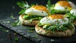 Warm English muffin with cheese, fresh arugula, and creamy hummus on top with a big space for text or product, Generative AI.