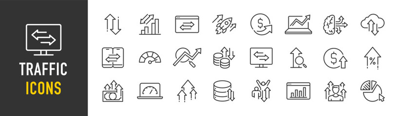 Poster - Traffic web icons in line style. Hosting, traffic control, connection, cloud data, local network, download. Vector illustration.