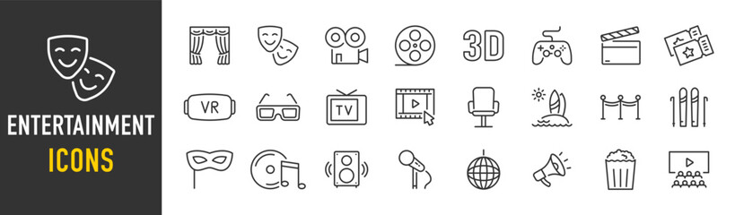 Fototapete - Entertainment web icons in line style. Theatre, cinema, surfing, music, party, VR, TV. Vector illustration.