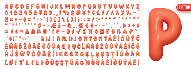 Poster - Fonts Complete set alphabetic letters and symbols and signs, numbers. Big collection of creative Font realistic 3d design plastic balloons style. Language support French, German. Vector illustration