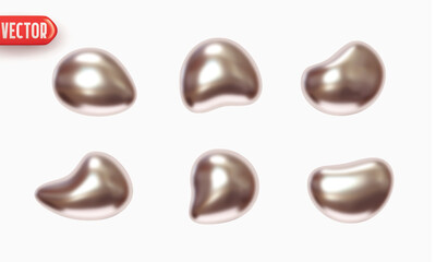 Poster - Silver Set of flat liquid drops of different shapes of objects realistic 3d design. Design elements isolated on white background. Vector illustration