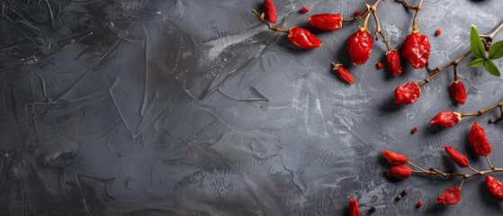 A striking visual contrast with vibrant red chili peppers tastefully arranged on a dark textured surface, hinting at bold flavors