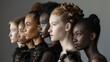 portret studyjny grupy pięknych kobiet o różnym kolorze skóry i różnym typie urody, szare neutralne tło
