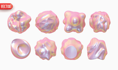 Poster - Set of Metaball shapes of objects realistic 3d design iron metal ink hologram gradient. Collection Meteorites asteroids comet Round ball spherical elements. Vector illustration