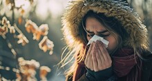 A Woman, Unwell With A Runny Nose, Sneezes Into A Tissue, Battling Through The Discomfort Of Allergies, Cold, Or Flu Symptoms During The Challenging Seasons