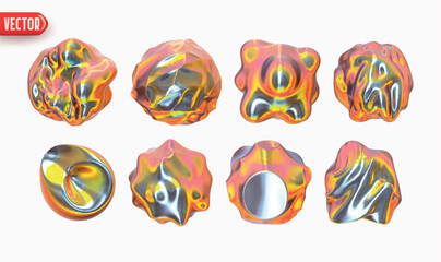 Poster - Set of Metaball shapes of objects realistic 3d design iron gradient. Collection Meteorites asteroids comet Round ball spherical elements. Vector illustration